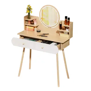 Makeup Vanity Desk with LED Lighted Mirror, Vanity Table with 2 Drawers and Opening Shelves, Bedroom Dressing Table, 3 Modes Brightness Adjustable