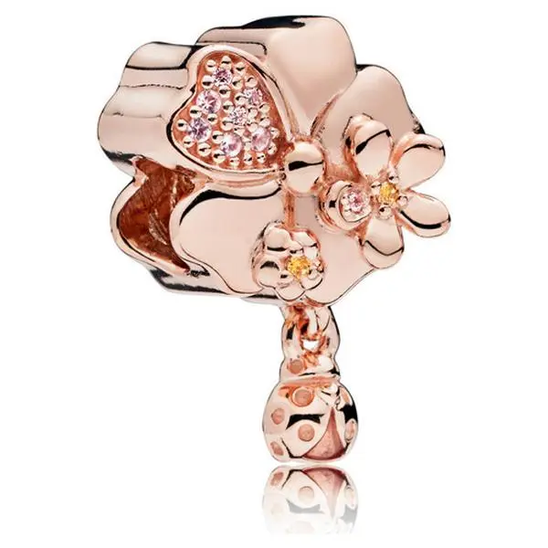 PANDORA Flower & Ladybug Dangle Charm, PANDORA Rose Metal with 8 Bead-Set Blush Pink Cubic Zirconia, Bling Effect Charms & Pendants for Fashion Jewelry Accessories