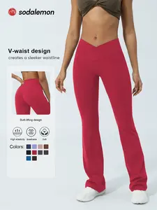 Women's Plain Loose Flare Pants, High Waisted Criss Cross V-Waist Sporty Casual Sweatpants, Comfortable Daily Wear Long Pants, Sports Bottoms, Active Gym Pants