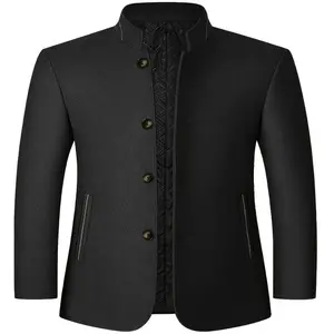Men's Casual Tweed Jacket - Stand Collar, Button-Up with Side Pockets, Long Sleeve Outerwear for Fall/Winter, Polyester Blend, Black