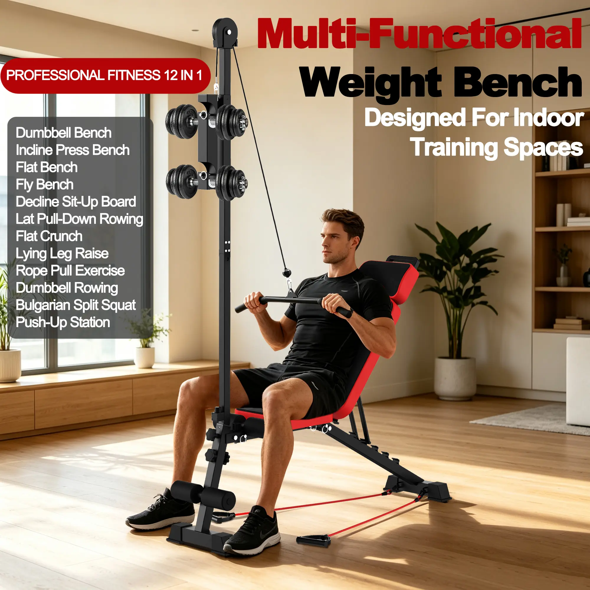 SP Q235 Steel Pulley Cable Bench, 49.2"L x 12.2"W x 74"H, 31.97LB Adjustable Workout Bench with High Pulley Attachment, Black ABS+Rubber Home Gym Strength Equipment