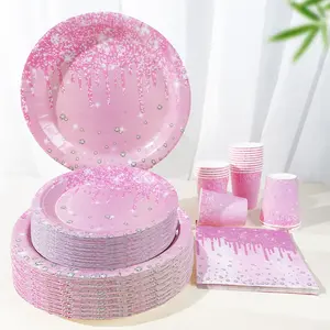 80PCS Pink Diamond Gilded Theme Dinnerware Set|Disposable Birthday Party Supplies|Festival Gathering Decor|Plates Cups Pop Cups Napkins Included|Serves 20 Guests
