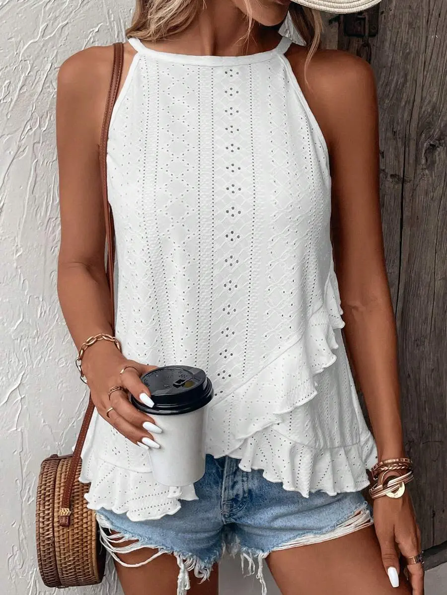 Eyelet Embroidery Ruffle Trim Halter Top