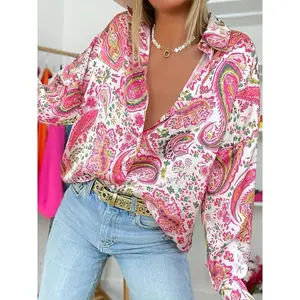 Women's Paisley Print Long Sleeve Polo Shirt Casual Spring or Fall Blouse Minimalist Comfortable Basic Womenswear