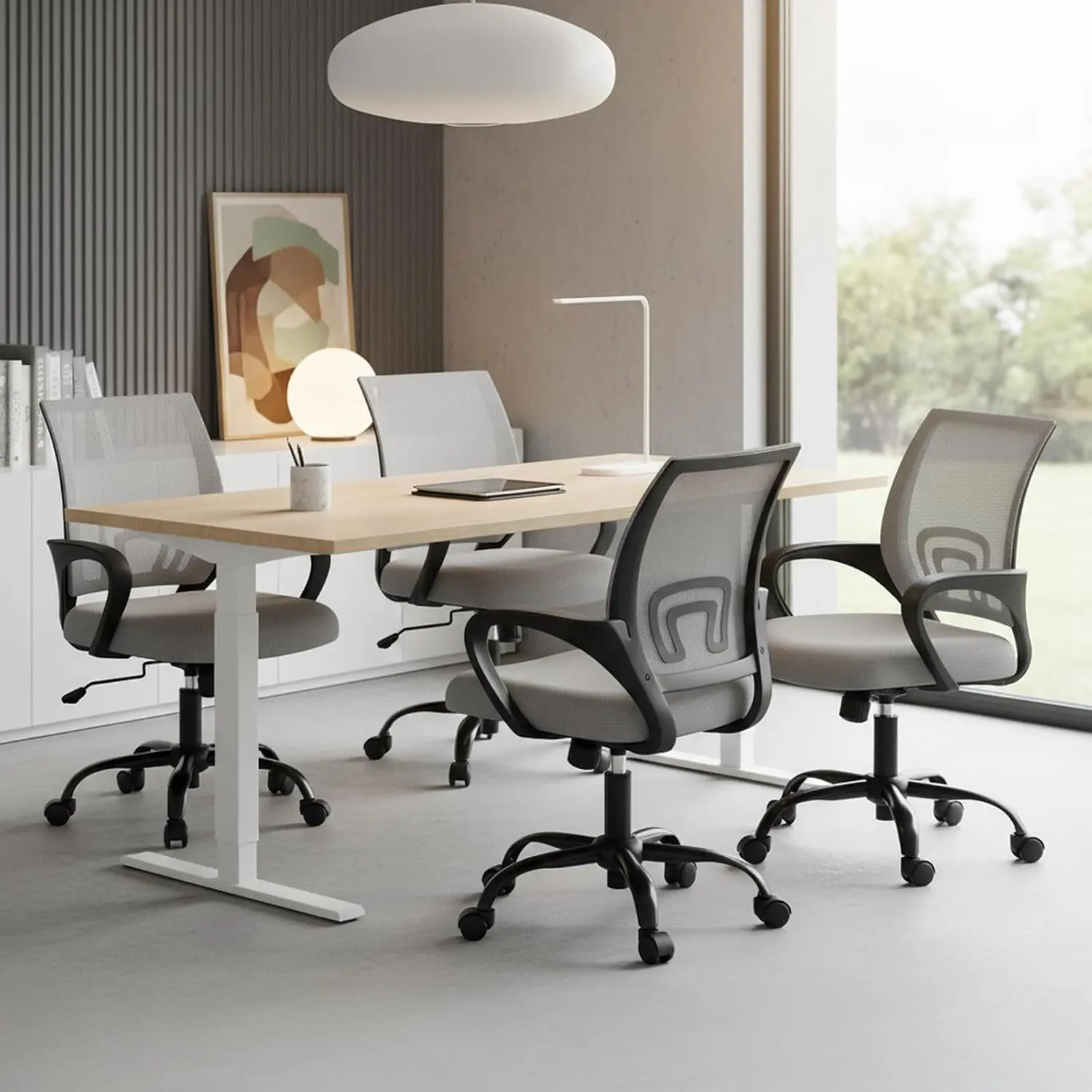 Ergonomic Office Chair, Mid Back Executive Desk Chair with Lumbar Support & Breathable Backrest, Height Adjustable Fixed Armrest, 360° Swivel Computer Gaming Chair for Meeting Room Home