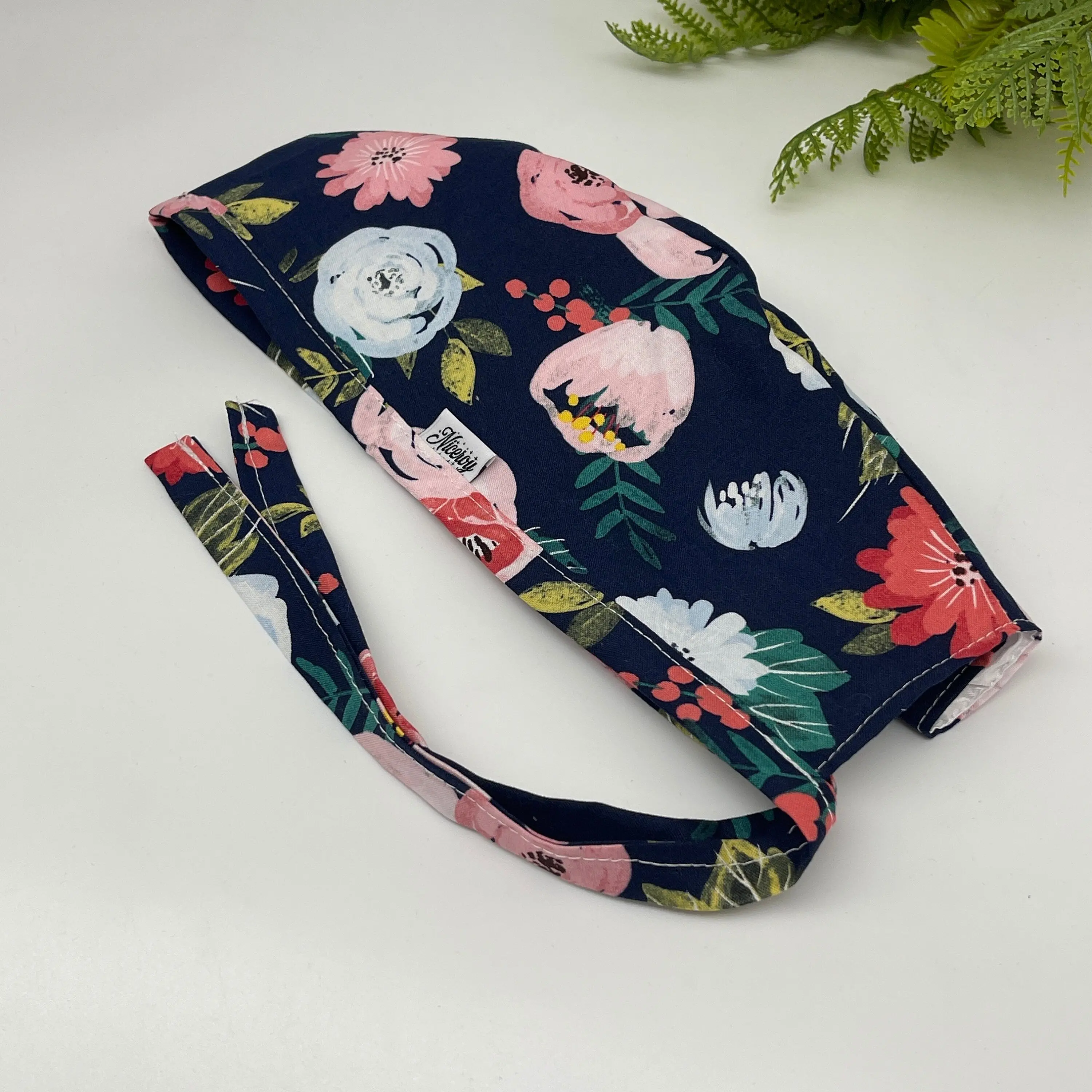 Niceroy Reversible MEN unisex pixie surgical SCRUB HAT Cap, nursing caps, tie back cap, satin lining option navy blue floral cotton print