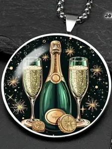 A 2D Flat, Circular Pendant Necklace Featuring A Stylish Champagne and Flute Design, Made of Alloy Material, Perfect for New Year, Christmas, and Other Festive Occasions.