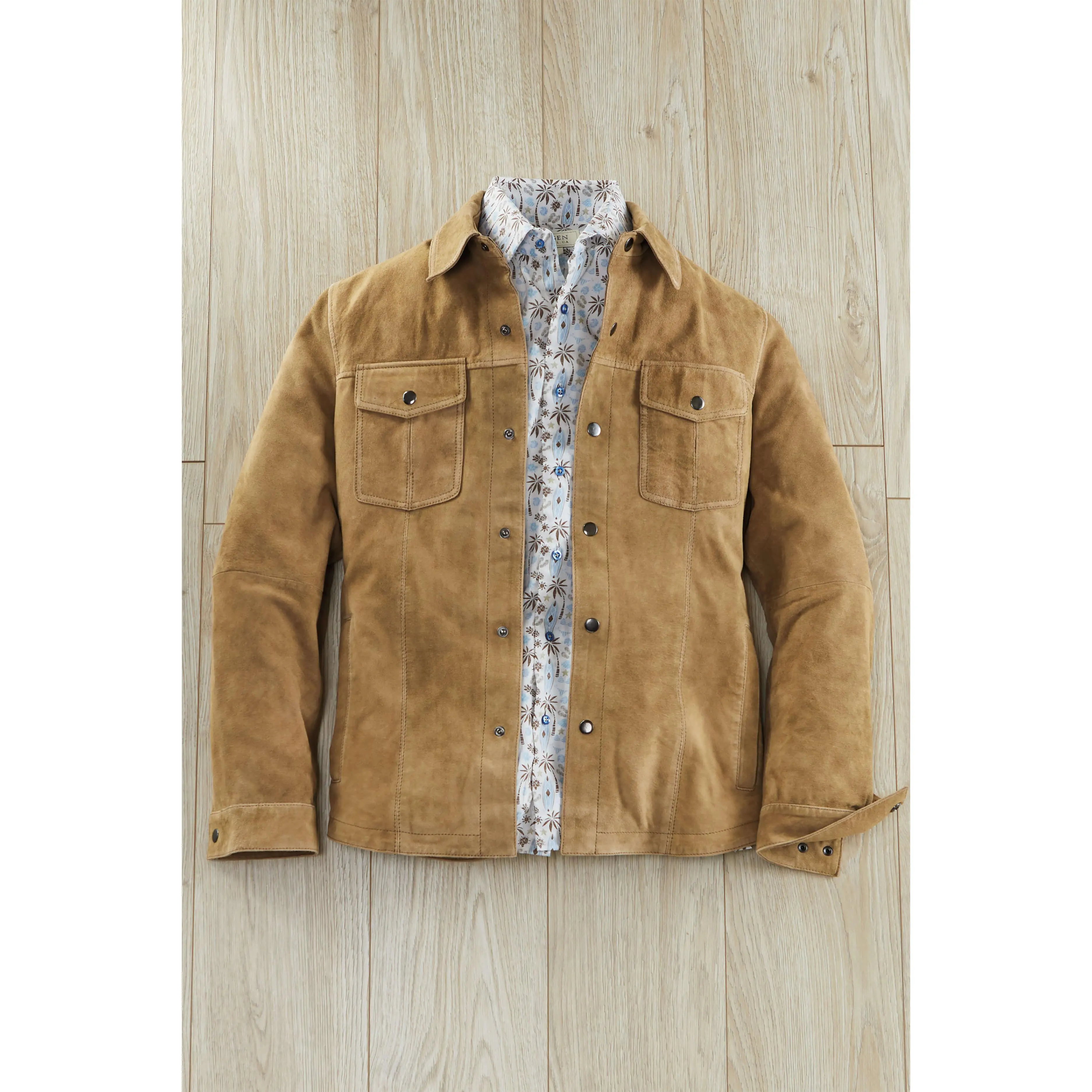 Men's Antiqued Italian Lambskin Suede Shirt Jacket - Snap Cuffs, Angled Welt Pockets, Size M