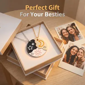 Sun Moon & Star Magnetic Puzzle Necklace Gift for 3 Friends Exclusive Puzzle Design BFF Jewelry with Rhinestone for Best Friends Sisters Birthday Anniversary Valentine's Day