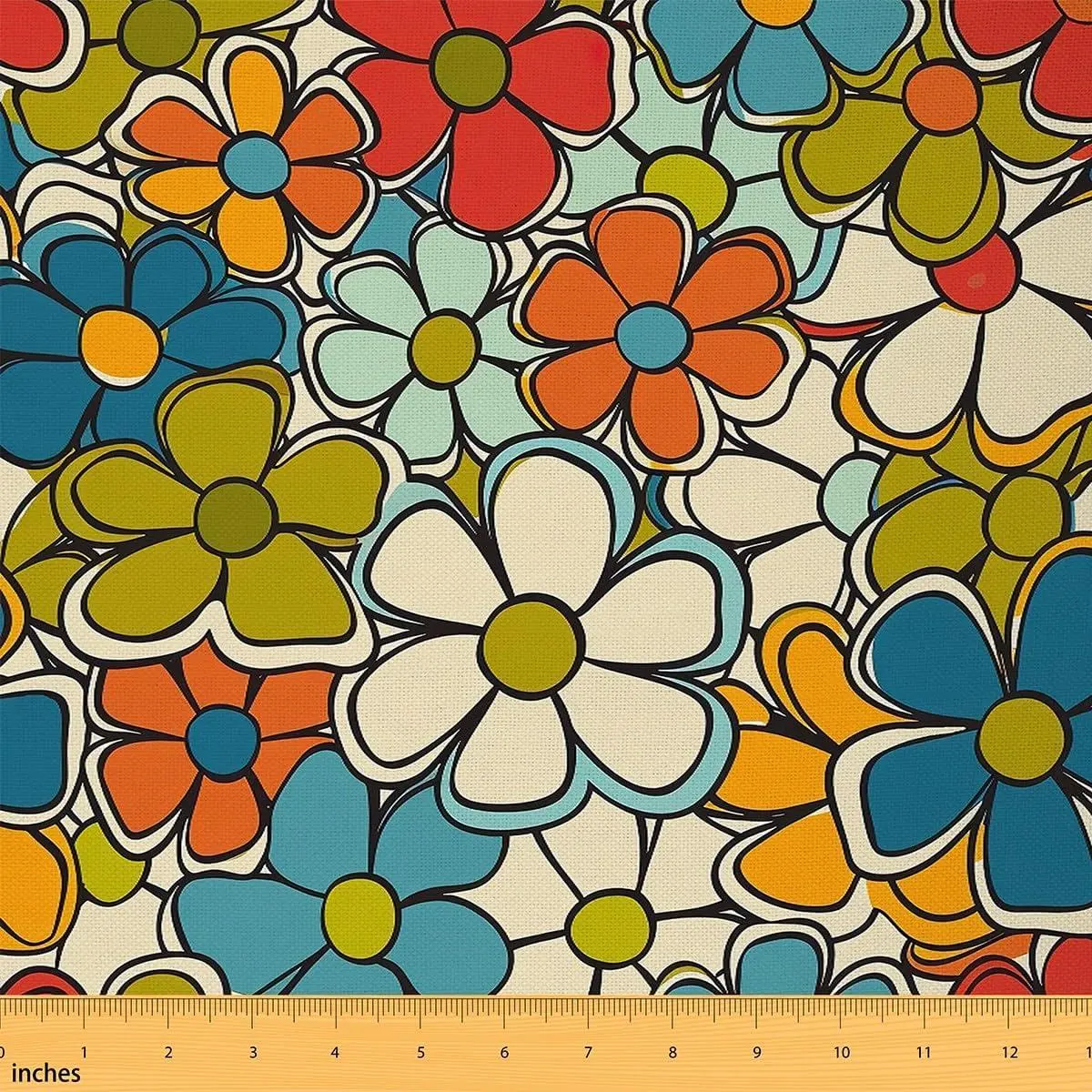 Retro Hippie Flower Fabric 60s 70s Groovy Decorative Soft Flannel Cartoon Vintage Boho Plant Floral Botanical Upholstery Chairs Green Blue Fabric