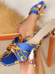 Luxury Chain Print Square Toe Thong Sandals, Vintage Design Retro Slippers, European Style Commuter Shoes, Textile Upper, PU Sole, Women