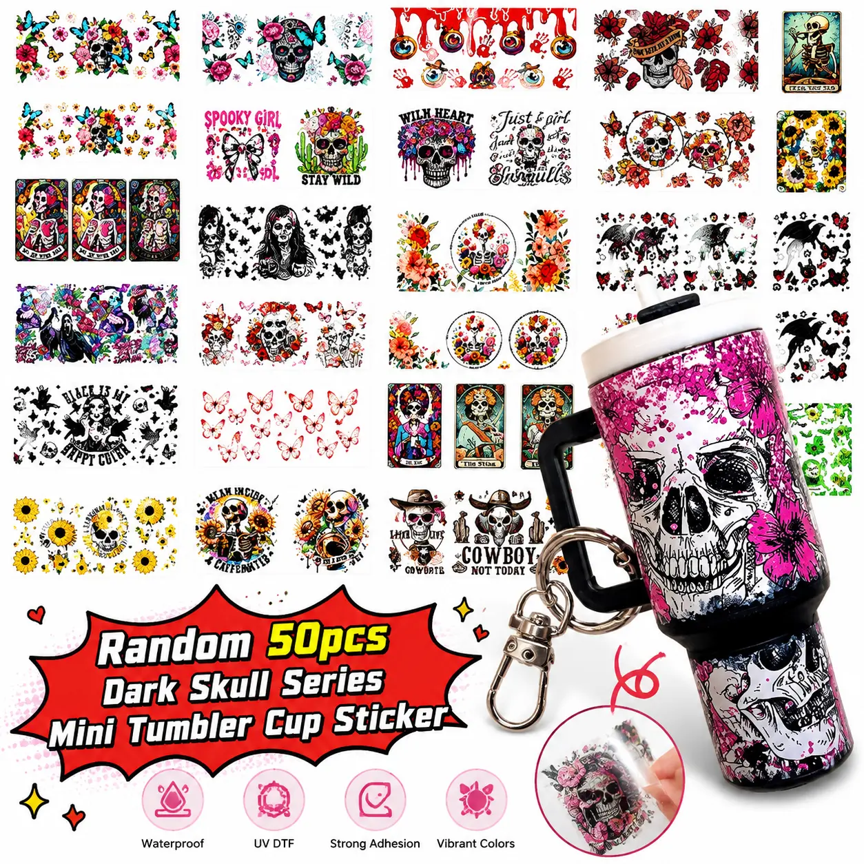 50pcs dark skull ghost horror gothic undead themed mini tumbler ice cup keychain stickers