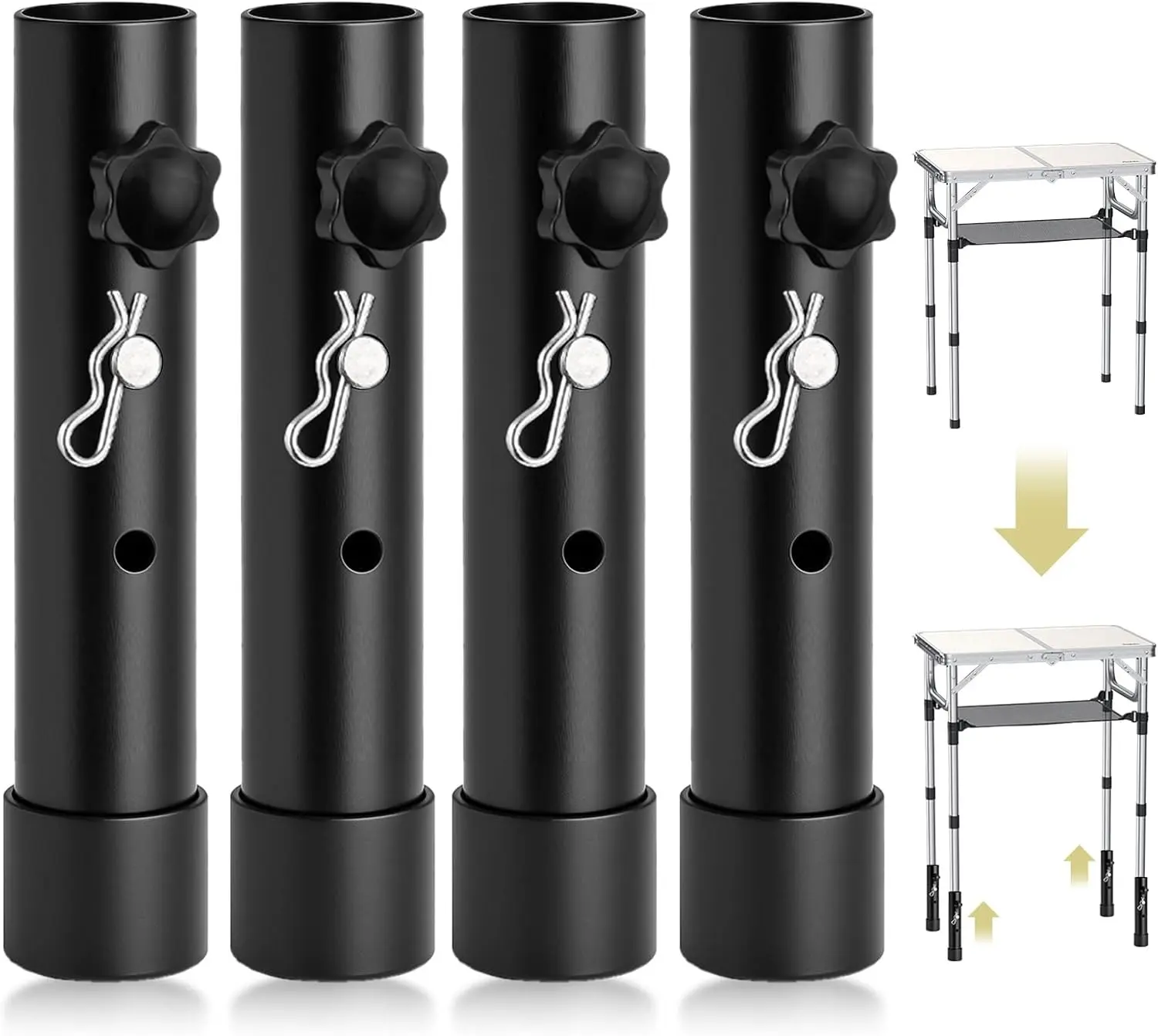 4pcs Folding Table Leg Extenders, 2 Levels Adjustable Height Rise Up to 5.3 in, Heavy Duty Steel Table Risers for Straight and Bent Legs, Reduces Stooped Work, Black