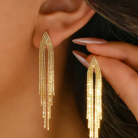 2pcs Gold Multi-Layer Tassel Long Earrings Shimmering Chain Dangle Design Suitable for Dinner Parties, Date Outfits Face-Flattering & Small-Face Effect Luxury High-End Elegant Earrings Dynamic Versatile Fashion Jewelry