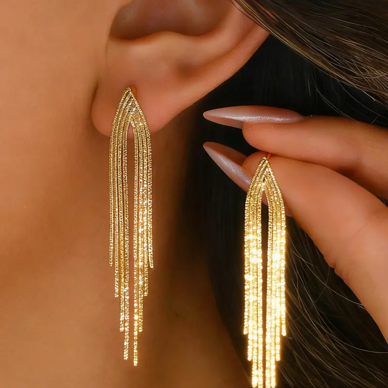 2pcs Gold Multi-Layer Tassel Long Earrings Shimmering Chain Dangle Design Suitable for Dinner Parties, Date Outfits Face-Flattering & Small-Face Effect Luxury High-End Elegant Earrings Dynamic Versatile Fashion Jewelry