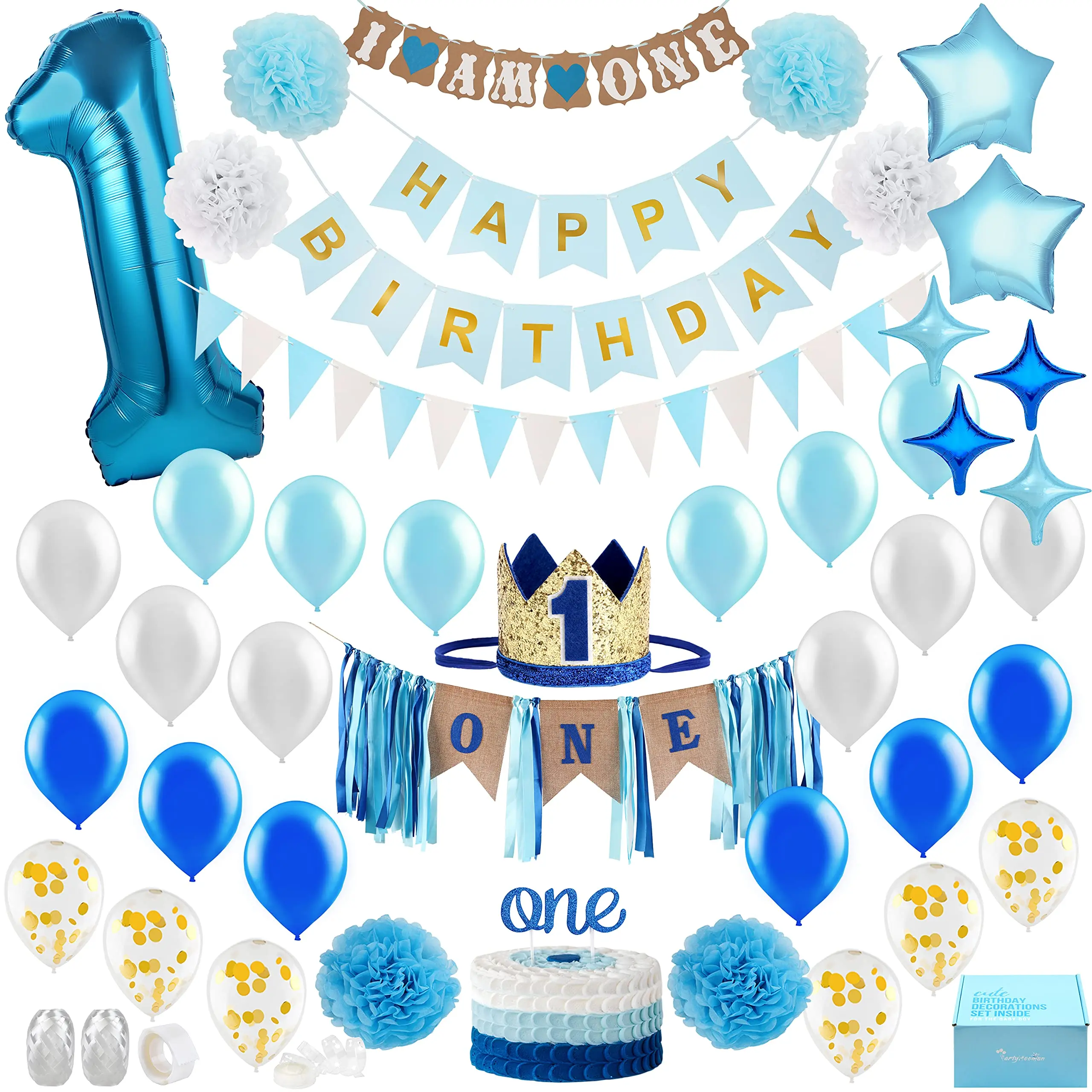 Baby Boy 1st Birthday Decorations - Crown, Burlap Banner, Balloon, Cake Topper, Smash Party Supplies