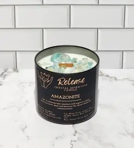 Release Crystal Intention Candle Amazonite Matcha Green Tea Wooden Wick