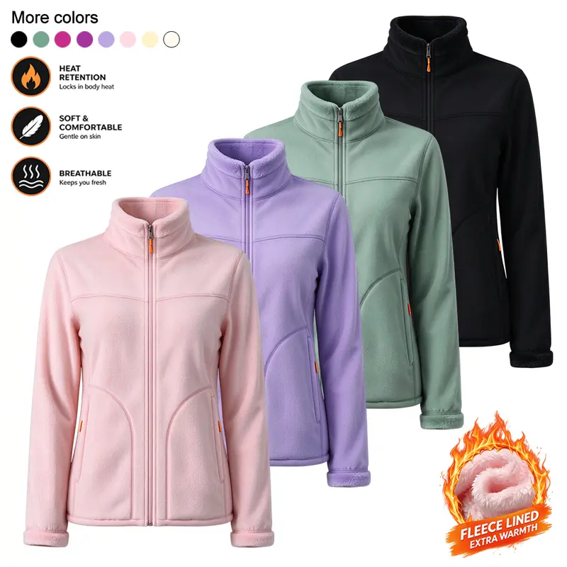 Women Reversible Fleece Jacket Full Zip Stand Collar Warm Fleece Lined Coat Soft Breathable Outdoor Casual Jacket for Women Multiple Colors