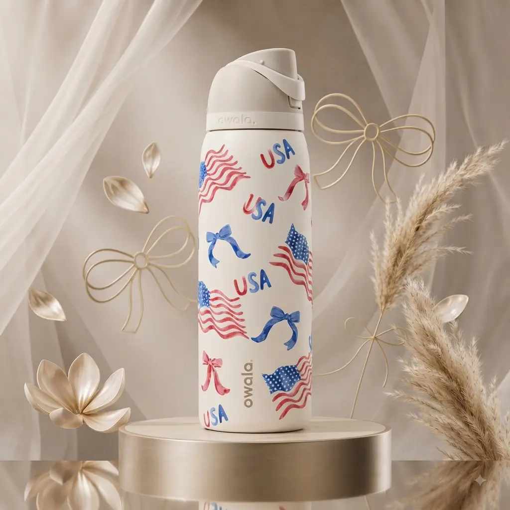 USA Flag & Bows Edition: 24oz & 32oz Owala FreeSip Insulated Stainless Steel Water Bottle – Leak-Proof Straw Lid, BPA-Free