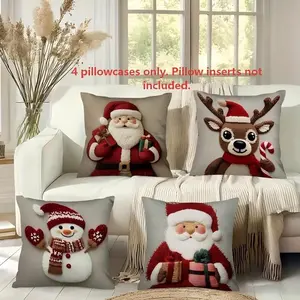 Christmas Pillowcase Set of 4, Santa Claus, Snowman, Reindeer, Candy Cane Design, Polyester, Living Room and Sofa Decor