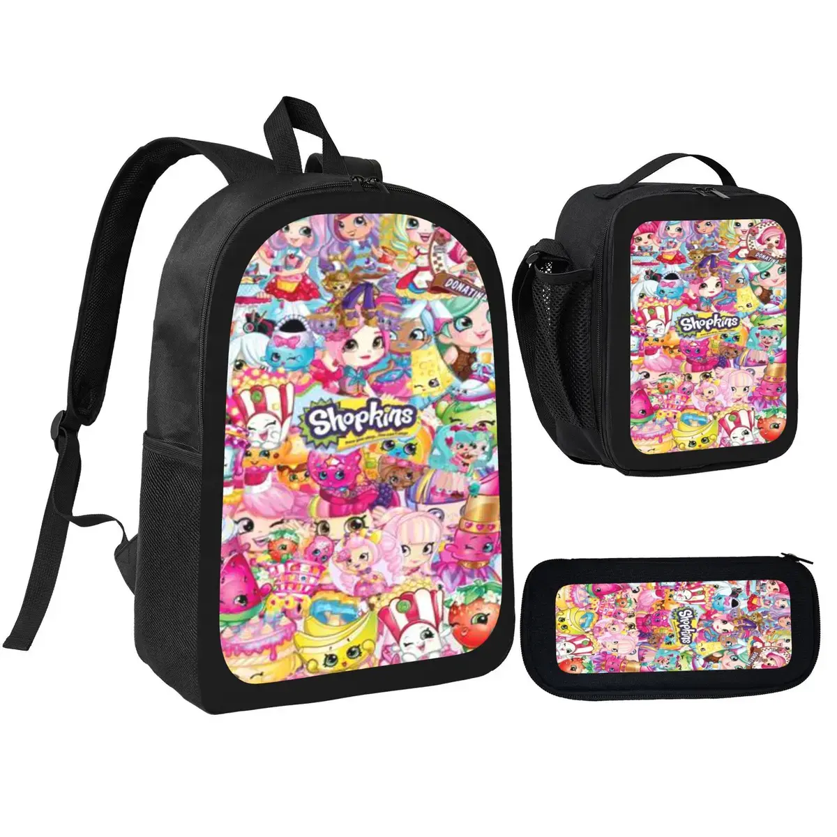 3Pcs Shopkins4 backpack with lunch bag and pencil box, Cool Anime Style backpack set for kids teens, school bag for girls boys, Casual, Daily Commuting, and Sports Essentials, Perfect Gift