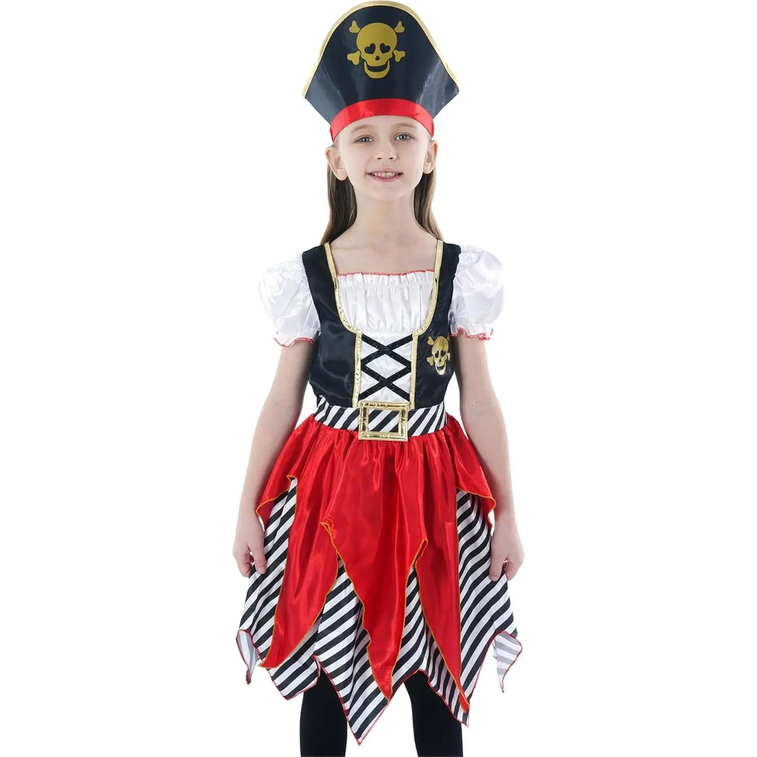 Girls' Pirate Halloween Costume, Pirate Princess Dress with Lace-Up Bodice, Puffed Sleeves and Skull Print Hat for Party Dress Up, Pirate Hat, Double-Layered Skirt