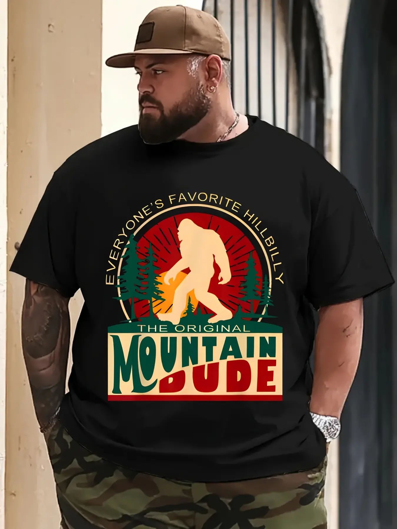 Men'S Preferred Hillbilly Sasquatch Mountain Dude Tee - Black, Short Sleeves, Casual Design, Vintage Graphic Print, Casual Crew Neck Short Sleeve Tee, Material, Slightly, Plus Size Christmas T-Shirts, Machine Washable, Holiday Gifts