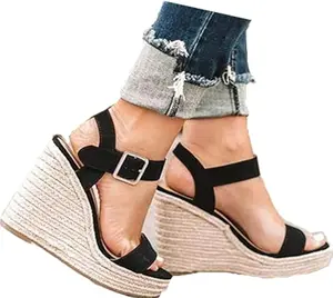 Women'S Wedge Sandals Platform, Ankle Strap Wedge Sandals Open Toe Casual Summer Straw Woven Classic Wedge Sandals SUMOJIU