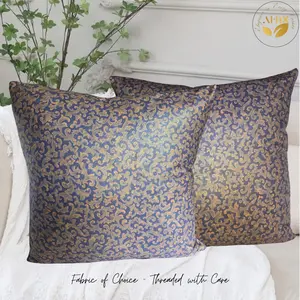 Floral Whimsy Plush Pillow Cover Set of 2, 18x18 Inch Decorative Handmade Pillow Cases for Farmhouse Decor, Sofa, Couch Cushion - Indoor/Outdoor (Blue-Beige) Velvet Square