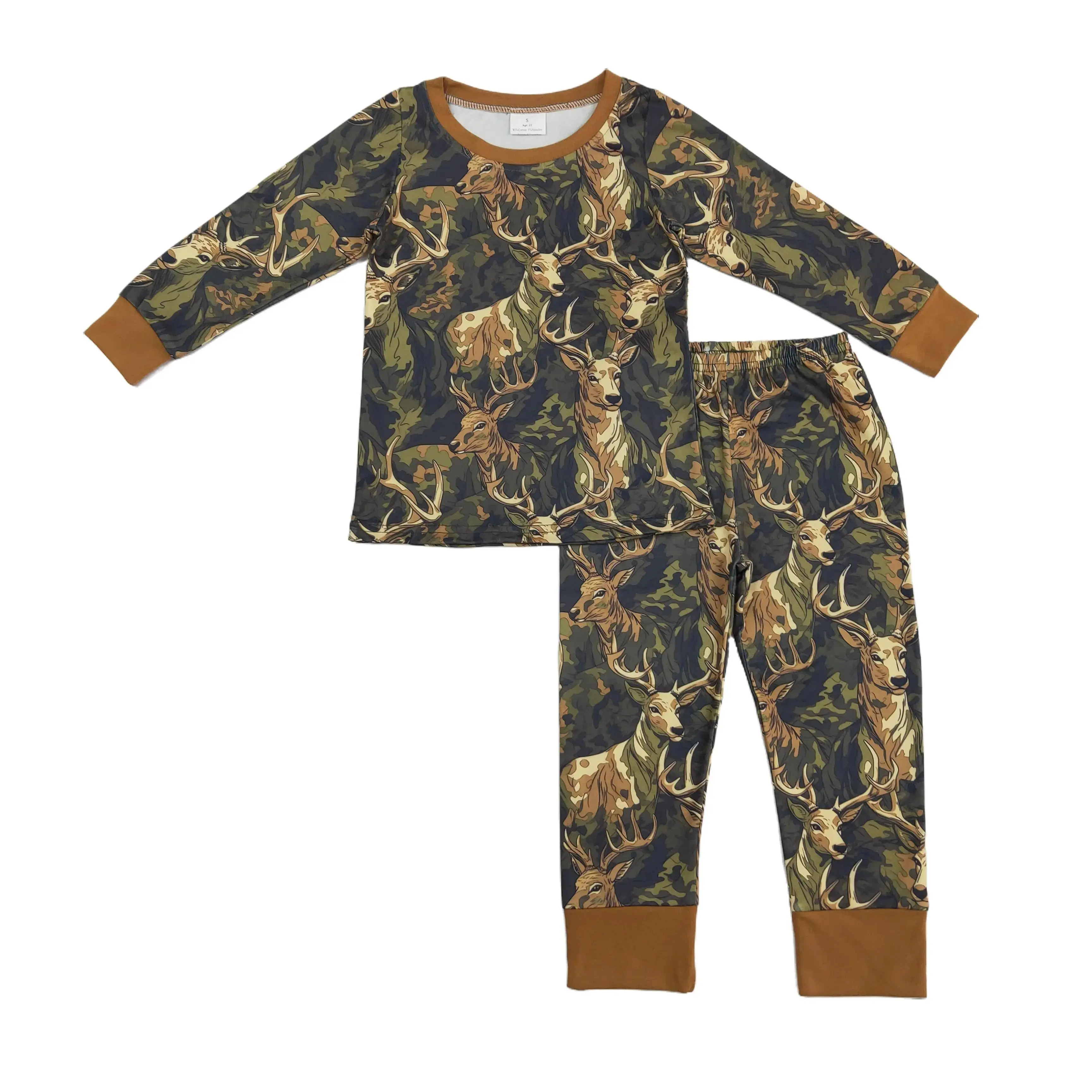 Boys' Camo Deer Print Long Sleeve Pajama Lounge Sets, Soft Casual Sleepwear, Soft Casual Pajamas