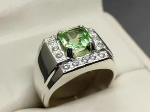 Emerald Cut Natural 3 Carat Eye Clean Fresh Green Egyptian Peridot Sterling Silver 925 Handmade Women Ring