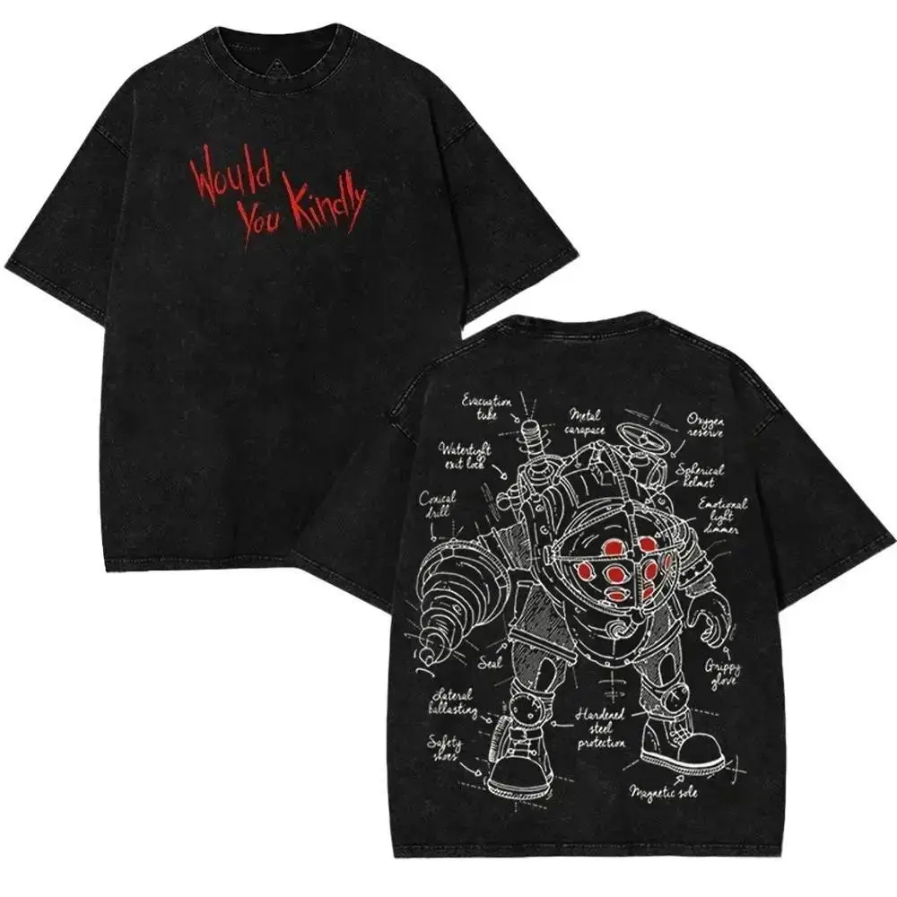 Bioshock would you kindly best daddy v3 art horror fsp game movie Game Washed Tshirt, Tank Top, Hoodie unisex Streetwear Tops 90s graphic tees Clothes