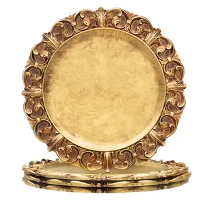 4pc-13 Inches Antique Gold Round Charger Plates with Embossed Edge Set of 4 - Plastic Decorative Plates for Wedding and Dining Table Setting