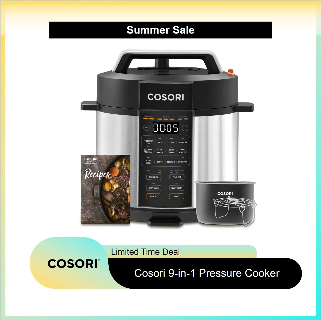 COSORI 9-in-1 6-qt Electric Instant Pressure Cooker - Instant Multi Cooker, 1100W Multifunction Kitchen Appliance with Rice, Sauté, Sous Vide, Sterilizer Modes, Stainless Steel & Aluminium Inner Pot, Safety Features,summerwins,home essentials