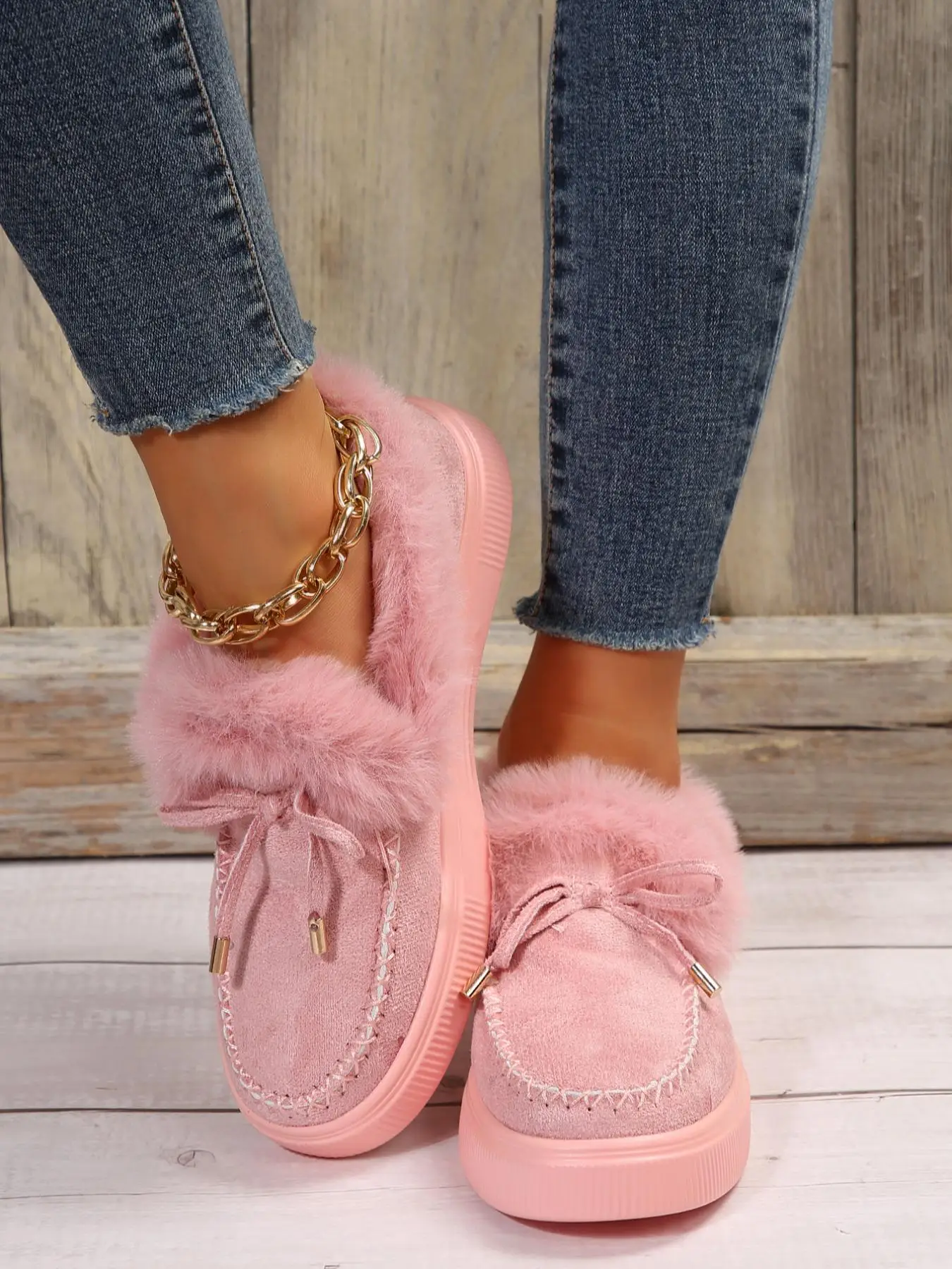 Women's Solid Color Bow Decorated Fluffy Lined Snow Boots, Casual Warm Ankle Boots for Fall & Winter, Fluffy Plush Lining Boots for Indoor & Outdoor