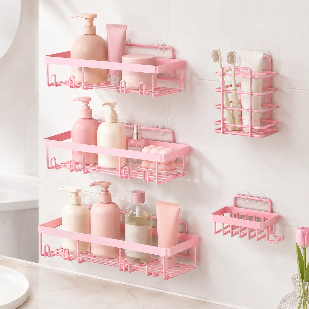 Gothic & Sweet Style 5Pcs Wall-Mount Shelves Storage Rack Set, Large-Capacity Organizer, Home Decor, No-Drill Installation with Free Adhesive Hooks, Separately Usable, Pink & Black, Gift for Daughters