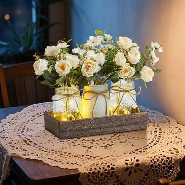 Rustic 3-Piece LED Table Decor Set - Mason Jars with Wooden Tray, Artificial Summer Flowers, Decorative LED Lights, Farmhouse Gifts for Dining Room, Living Room, Ceramic
