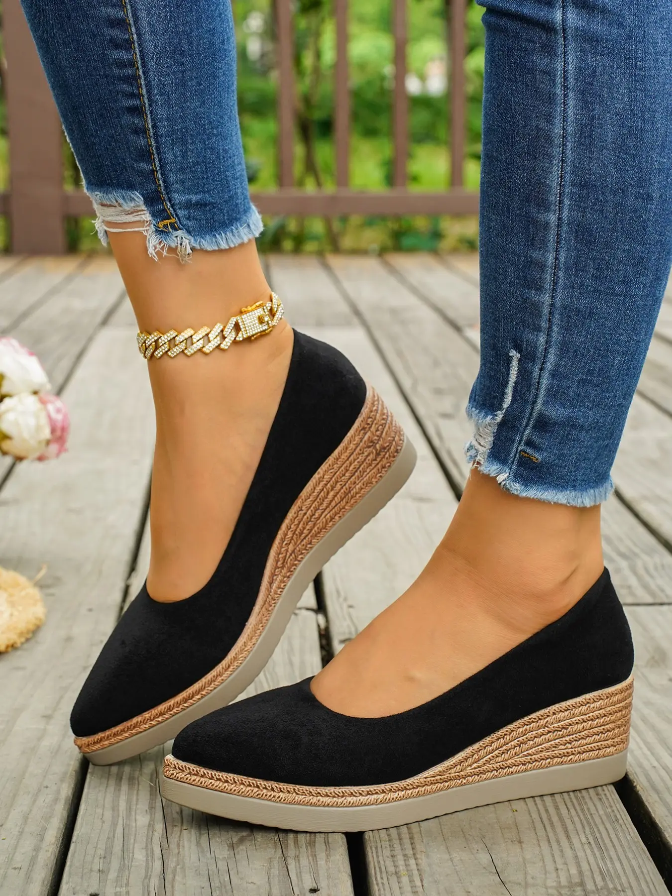 Women's Pointed Toe Velvet Wedge Slip-On Pumps, Elegant Medium-Width Fit, Soft Fabric Upper, Rubber Sole, Versatile Style Shoes