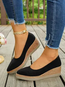 Women's Pointed Toe Velvet Wedge Sandals, Elegant Low Heel Shoes, Comfortable Medium Width, Fabric Upper, Rubber Sole, Versatile Style