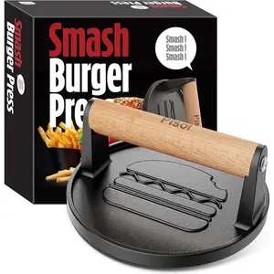Smash Burger Press, Pre-Seasoned Cast Iron Hamburger Smasher, 2 lb Heavy-Duty Grill Bacon Meat Press Tool with Wood Handle, 6.6”