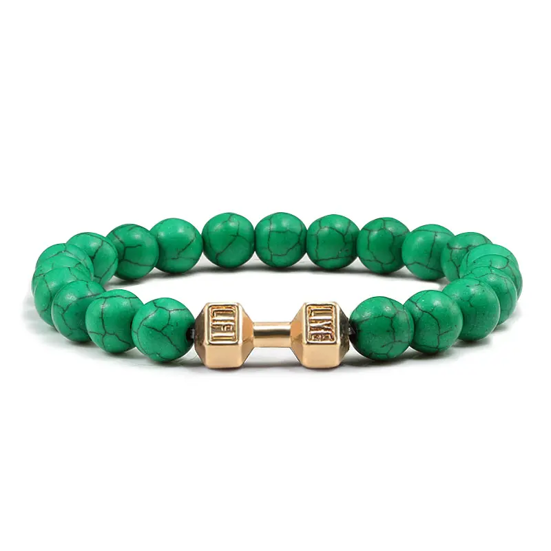 Barbell Bracelet for Men and Women - Unisex Green Bead Bracelet with Gold Center, 18CM Length, 8MM Beads, Fashionable and Functional Design boyfriend gifts Teen Boys