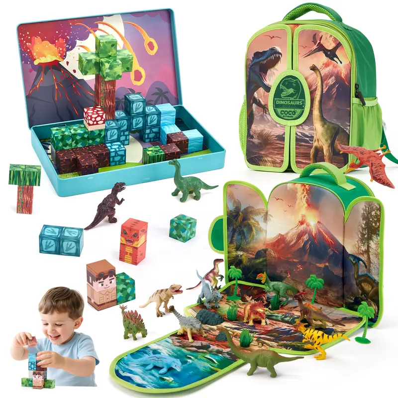 hahaland Portable Compact Carry Backpack Dinosaur Models Set - 52 PCS Mini Magnetic Blocks, Magnetic Case, Foldable 3D Mat, Prehistoric Toyset, Toys for Males 3-5 Years Old, Kid Stuff for Boys, Little Boy Learning Decor Gift #backtoschool