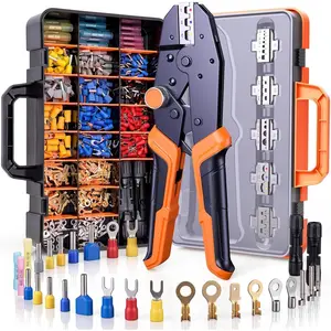 Crimping Tool Kit with 6 Interchangeable , Adjustable Ratchet  with  Knob, 361 count Terminals,  Handle & Storage Case - MC4 Crimping Tool for Electrical Work