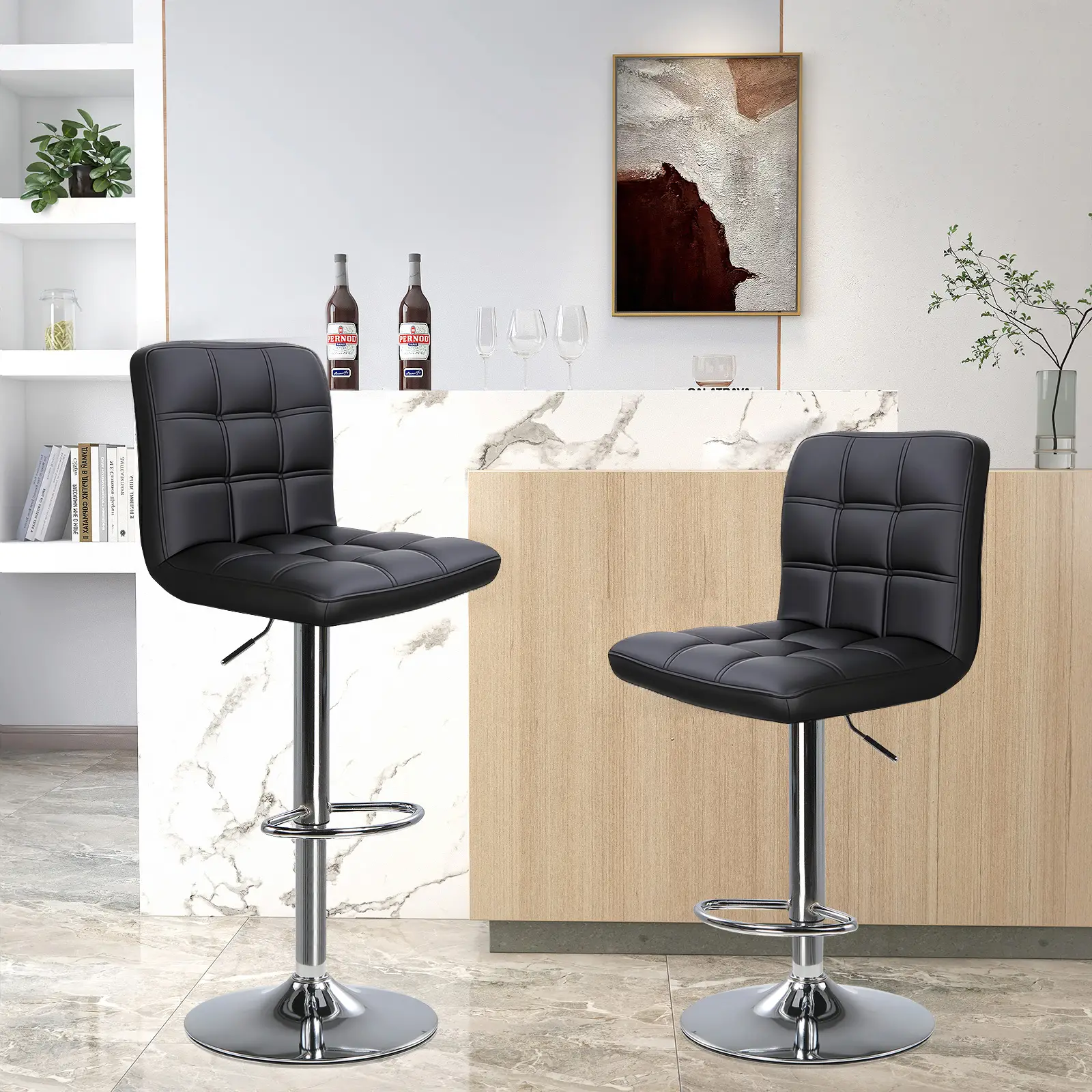 COMHOMA Bar Stools, Modern PU Leather Swivel, Adjustable Hydraulic Bar Stool, 16.1” Wide Base Square Counter Bar Stool, Set of 2