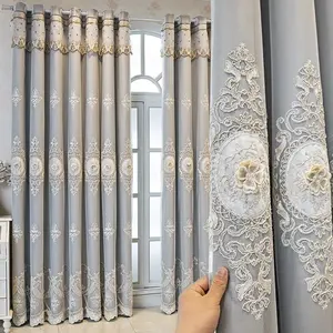 Double Layer Embroidered Curtains with Lace Tiebacks, Full Light Blocking Drapes, Luxury Floral Fabric, Custom Made Floor-Length Window Covering