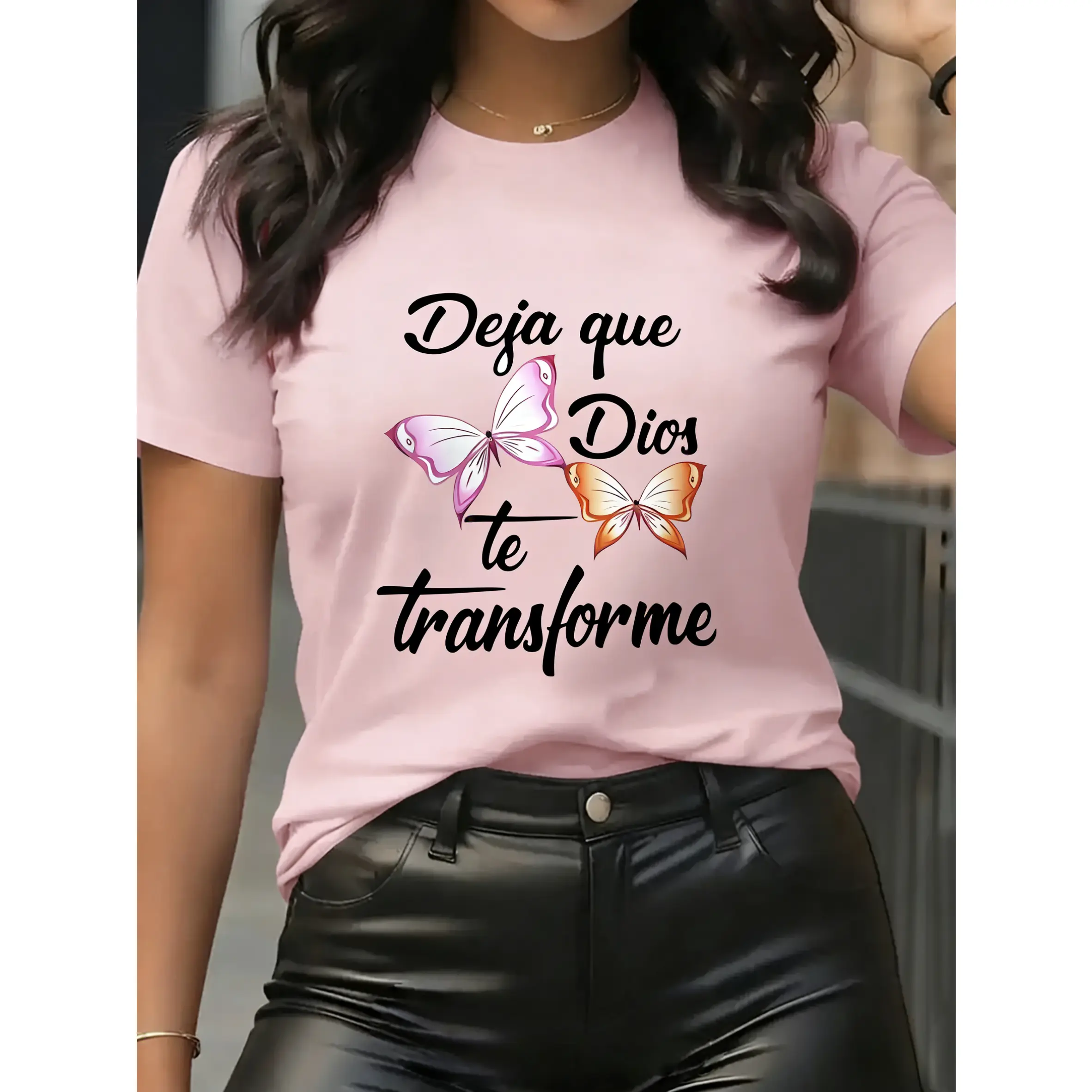 100% Cotton, Women's Spanish Christian Faith Long Shirt - Spanish Text and Butterfly Print Short Sleeve Shirt, Church Clothing, Machine Washable, Comfortable for All Seasons, Suitable for Spanish Learners and Bible Study Apparel