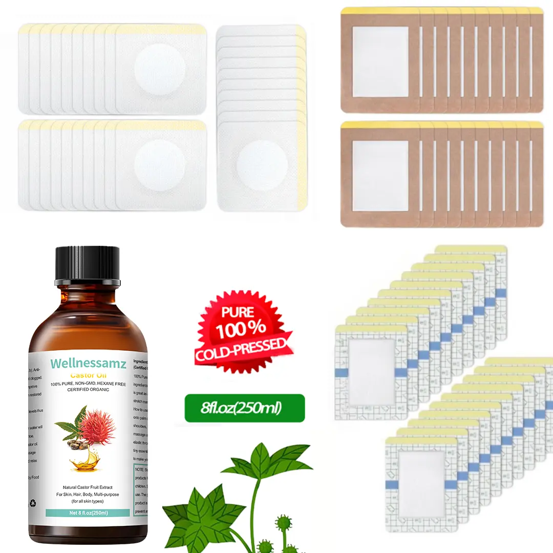 8Oz(250ml) Pure natural cold-pressed castor oil with 70pcs castor oil packs,castor oil pack wrap Organic Cotton for Liver,Stomach,Neck and Belly BUtton