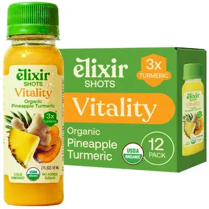 Elixir Shots Vitality (12 Pack) Immunity Wellness Shot with 100% Organic Ingredients Cold-Pressed Red Hawaiian Turmeric, Peruvian Ginger, Pineapple and Black Pepper, No Sugar or Artificial Additives.