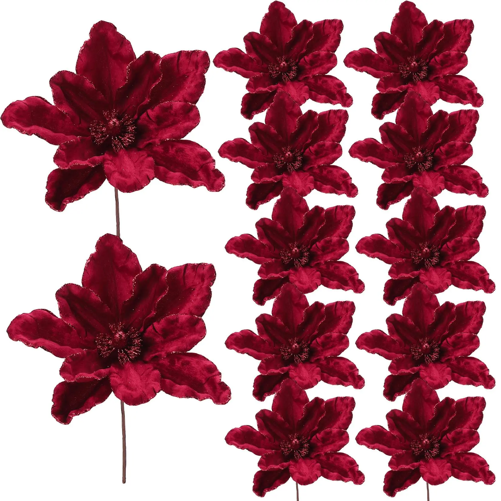 Garvee 12-Pack 12in Artificial Christmas Poinsettia & Magnolia Picks with Stems - Glitter Velvet Faux Flowers for Tree, Wreath, Table Centerpiece & DIY Holiday Decor - White
