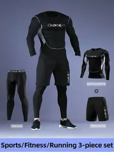 Men's 3-Piece Athletic Bodycon Set, Fashion Print, Compression Mesh Top, Sporty Round Neck, Tight Pants, Drawstring Shorts, Running, Gym, Cycling, Hiking